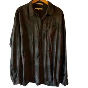 Perry Ellis Mens XXL Silk Blend Button Down Shirt Long Sleeve Floral Print Dark